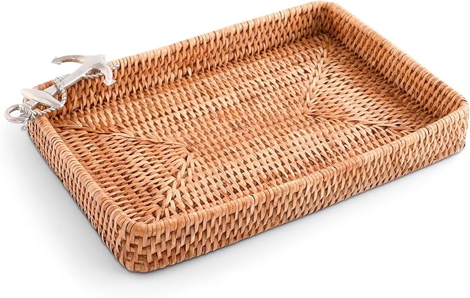 Vagabond House - Rattan Tray, Handmade Wicker Tray, Basket Tray, Coastal Nautical Design with Pewter Anchor, 12x9 Inches, Eco-Friendly, Hand Woven for Ocean Theme Home