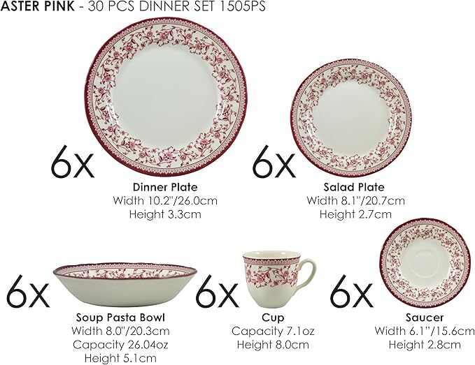 Tudor Royal Collection 30 Piece Round Dinnerware Set, Service for 6, Aster Pink Design, Red Floral, Plates Bowls Saucers Mugs Dishes, High Gloss Premium Quality