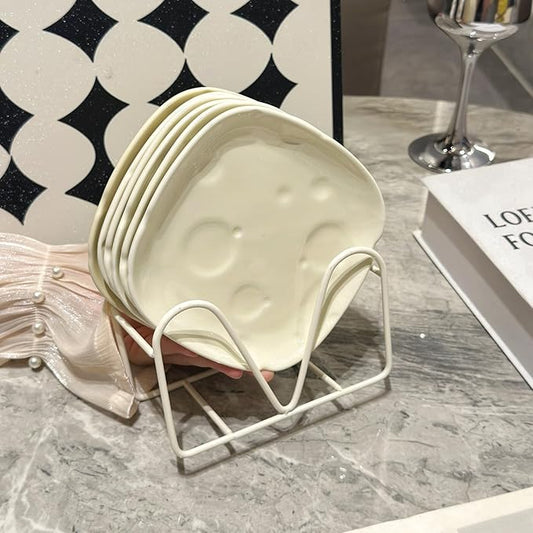 Cheese-Themed Ceramic 5.5in Small Appetizer Plates Set with Hoder,Square Plates for Dessert,Saucer,Microwave&Dishwasher Safe (cheese white)