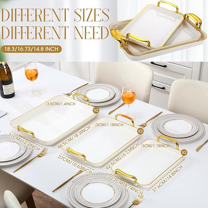 Rtteri Set of 6 Serving Platters with Handles 18.3/16.73/14.8 Inch Large Rectangular Serving Tray Reusable for Entertaining Dinner Party Wedding Decoration(Golden Handles,White)