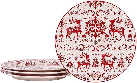 Bico Holly Jolly Dinner Plates Set of 4, 11 Inch Large Ceramic Plates for Pasta, Steak, Stylish Serving Dishes, Microwave and Dishwasher Safe, Gift for Housewarming and Christmas