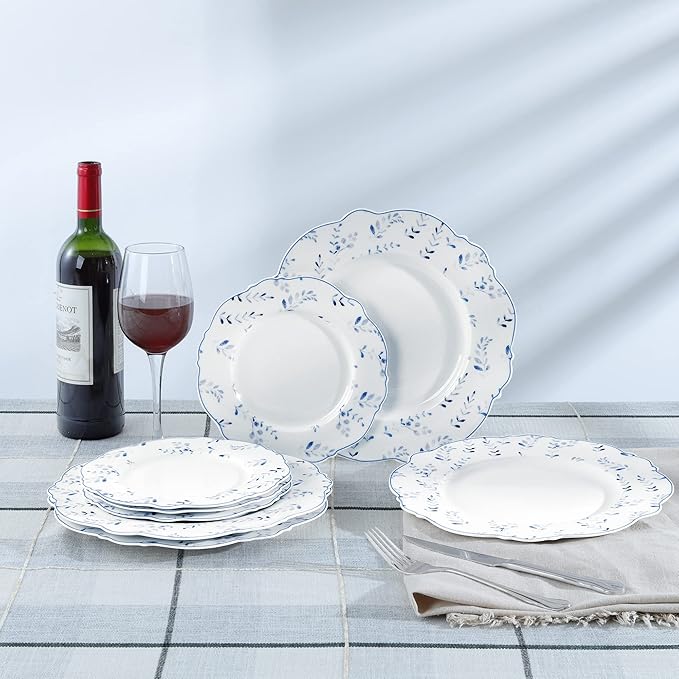 Fanquare Blue Leaves 8" Porcelain Dessert Plates Set - White Ceramic Small Dinner Plates