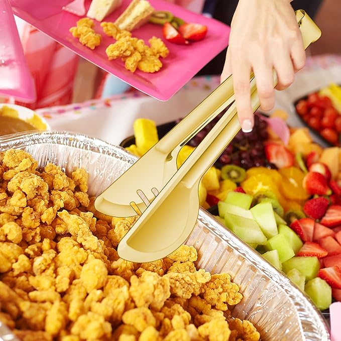 LIANYU 9-Piece Large Gold Serving Utensils Set, 9.8 Inch Stainless Steel Buffet Banquet Catering Serving Spoons Tongs Set, Dishwasher Safe