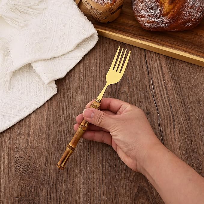 Stainless Steel Flatware Set, Bamboo Handle Silverware Set, Reusable Eating Utensils for Home Kitchen and Restaurant, Modern Gold Cutlery Set, 8 Pieces Dinner Forks