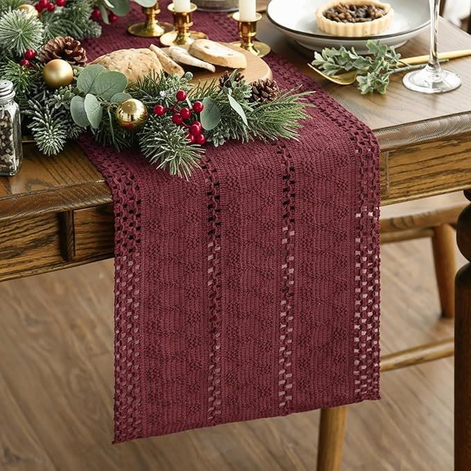Artoid Mode Red Farmhouse Woven Rustic Hollow Table Runner, Seasonal Holiday Hollow Kitchen Dining Table Decoration for Home Party Decor 12x108 Inch
