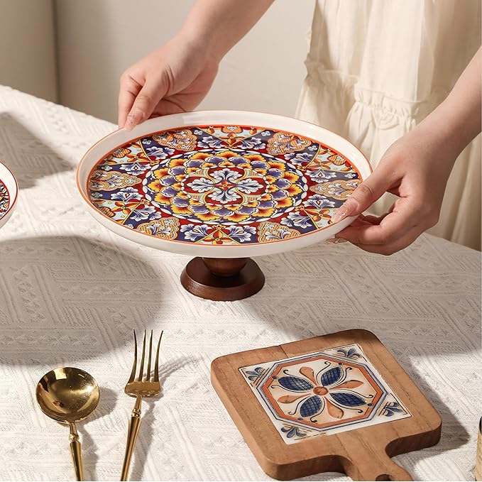 Ceramic Cake Stand with Elegant Wood Curved Footed, 10” Versatile Dessert Stand, 2-in-1 Dessert Table Display Set & Charcuterie Board for Birthday/Kitchen/Party/Charcuterie, Orange