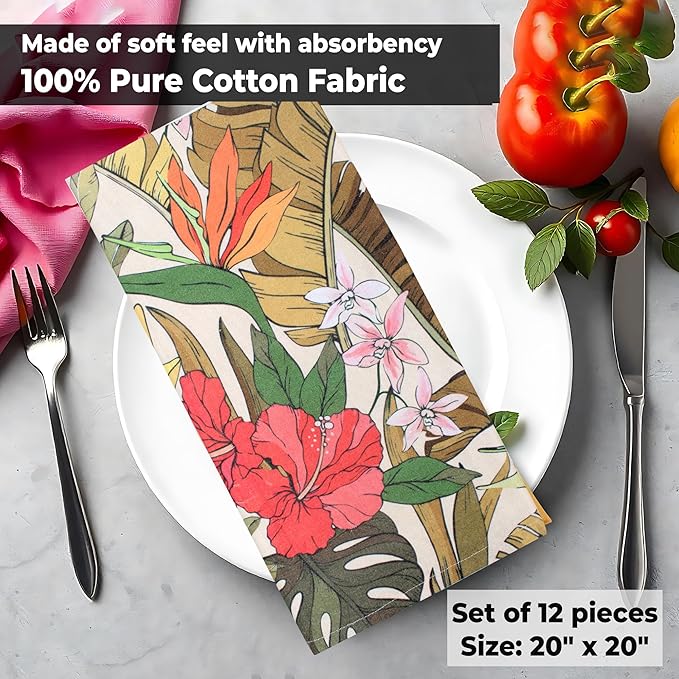 Urban Villa Cloth Napkins 100% Cotton Dinner Napkins Highly Absorbent 20x20 Inches (Set of 12) Hibiscus Print Reusable Washable Soft Durable Premium Napkins Ideal for Home Wedding Parties