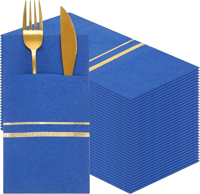 Roshtia 100 Pack Dinner Napkins Disposable Linen Feel Dinner Napkins with Built-in Flatware Pocket Gold Trim Lined Pre Folded Paper for Wedding Party (Royal Blue,Gold)