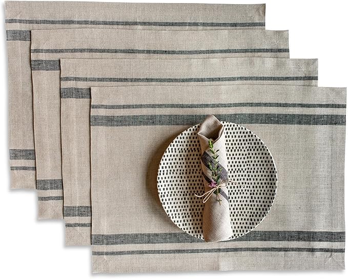Solino Home Linen French Stripe Placemats Set of 4-100% Pure Linen Black and Natural Placemats 14 x 19 Inch for Winter, Holiday - Handcrafted and Machine Washable