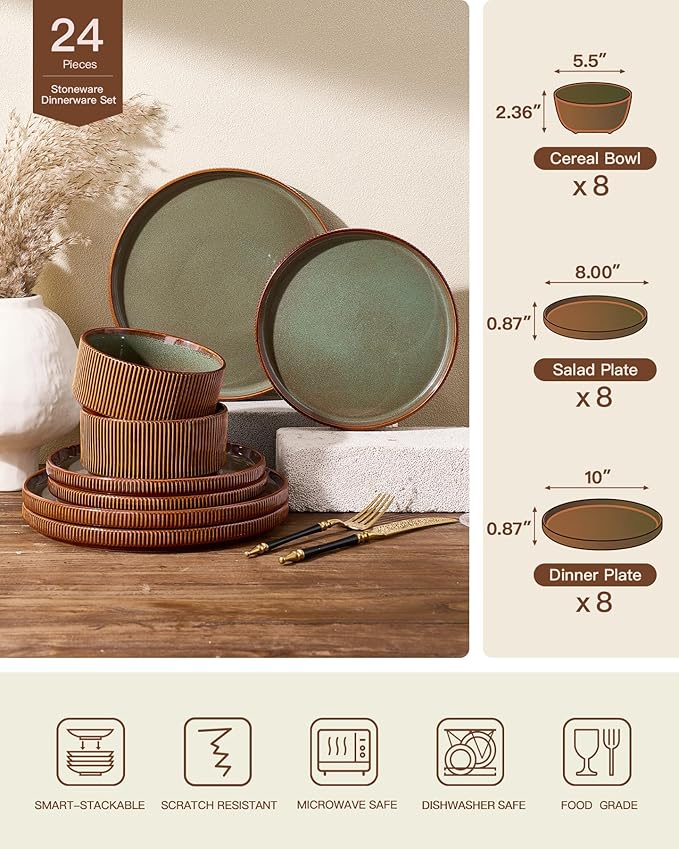 24-Piece Dinnerware Set Service for 8, Famiware Premium Stoneware Dish Set with Ribbed Plates and Deep Bowls, Double Reactive Glaze, Chip & Scratch Resistant, Microwave & Dishwasher Safe, Moss Cocoa