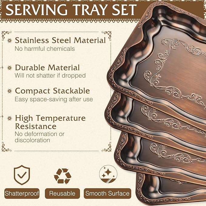 4 Pack Bronze Serving Trays Set for Party, Butterfly Floral Bronze Platter Engraved Mirror Tray, 15.8 x 11.6 Inches Elegant Metal Plate for Christmas Food Appetizer Cookies Desserts