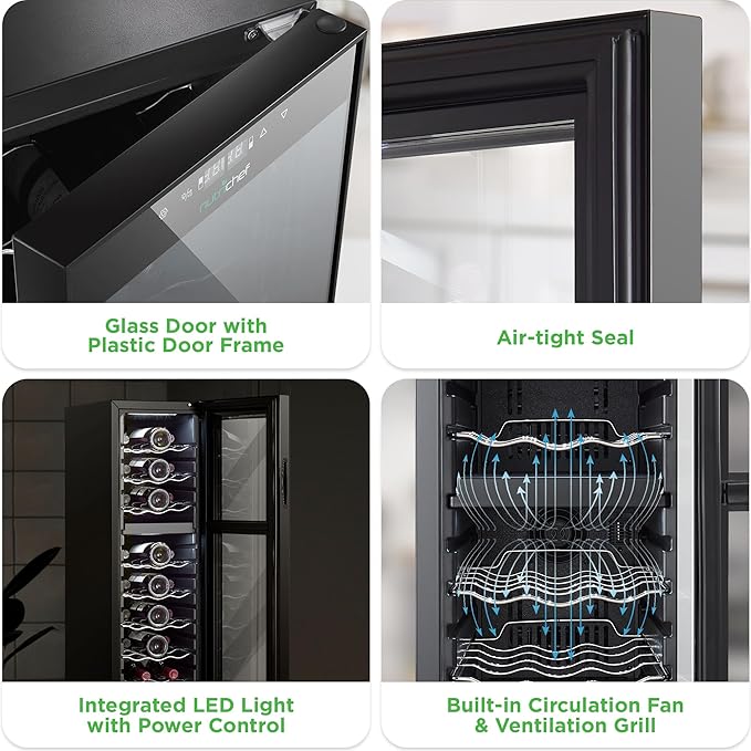 Nutrichef 24 Bottle Wine Fridge | Dual Zone Wine Chiller | Adjustable Temperature 41°F to 64°F | Ultra Quiet Operation | Wine Cooler For Home, & Office | Free Standing 39x11x23 IN (Black)