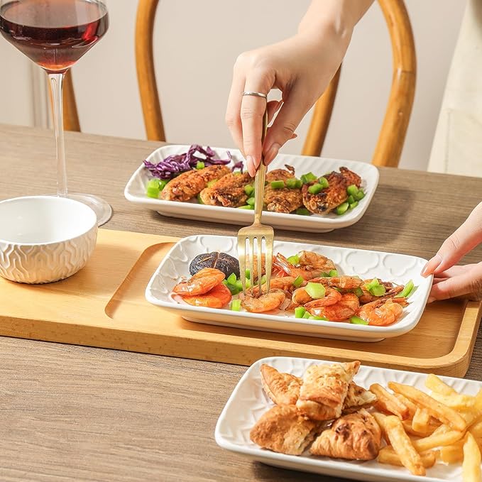 Sureasy Ceramic Salad Plates, Rectangular Appetizer Plates 8 inch, Small Serving Plates for Entertaining, Small Dinner Plates Set for Dessert, Sushi, Embossed Porcelain Dish, Set of 4, White