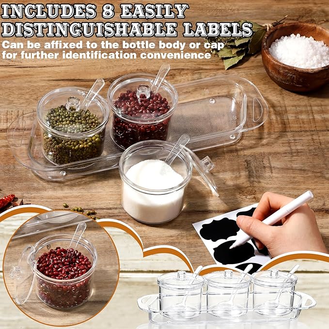 3 Pcs Clear Acrylic Sugar Container with Lid and Spoon 7 oz Seasoning Sugar Jar Salt Spice Canister Condiments Pot with Label Stickers for Home Coffee Bar Restaurant Kitchen