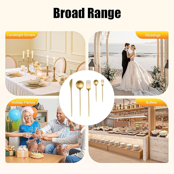 90-Piece Matte Gold Silverware Set, Stainless Steel Flatware Service for 18, Hand Forged Handle Cutlery, Dishwasher Safe for Home, Hotel & Wedding