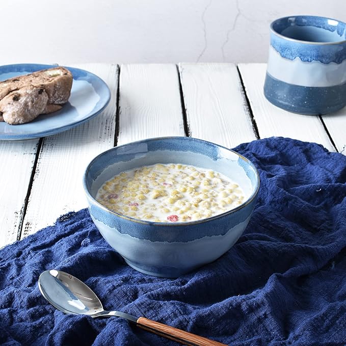 Bosmarlin Ceramic Soup Bowl Set of 4, 28 Oz, Cereal Bowl for Oatmeal, Dishwasher and Microwave Safe, Reactive Glaze (Blue, 6 inches)