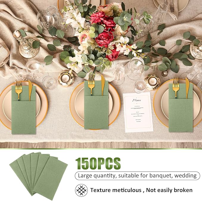 Cindeer 150 Pcs Sage Green Linen Dinner Feel Napkins with Built in Flatware Pocket Prefolded Paper Disposable Airlaid Guest Hand Towel for Silverware Wedding Reception Christmas Baby Shower