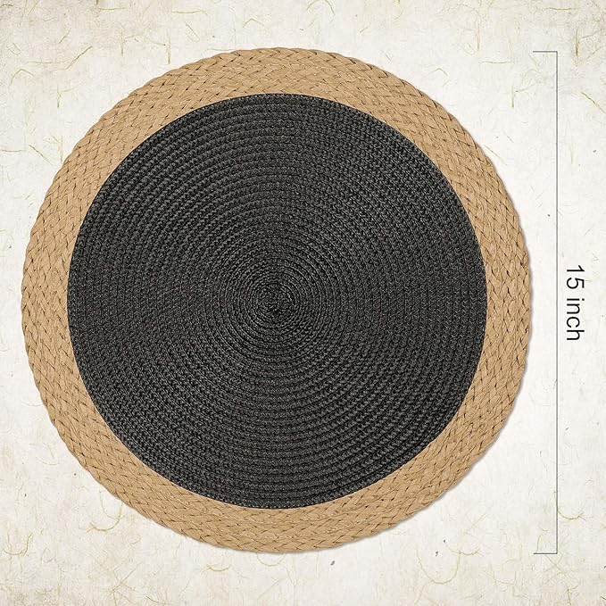 Noctiflorous Round Placemats Set of 8, 15 Inch Braided Hand Woven Table Mats, Heat Resistant Non-Slip Wipeable Wide Edge Place Mats for Kitchen Dining Indoor Outdoor Use(Black, 8)