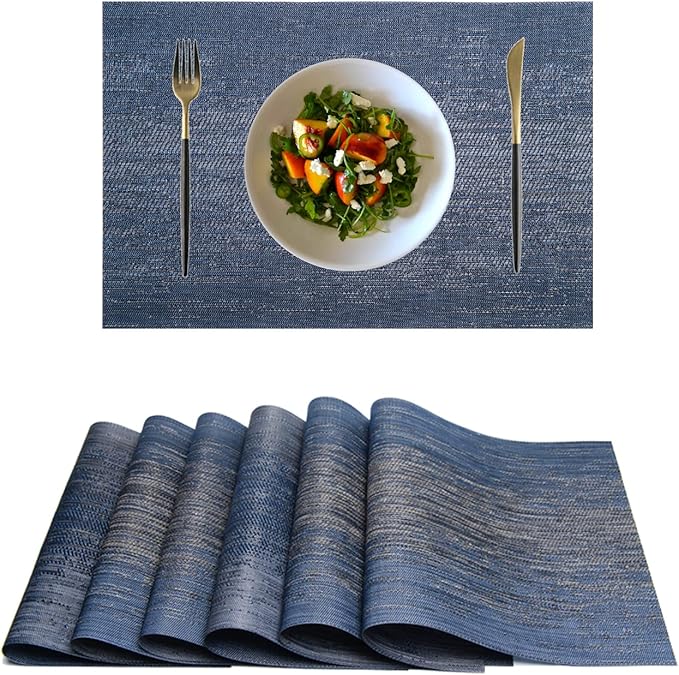 Placemats,PlasticVinyl Washable Heat-Resistant Durable PVC Non-Slip Woven for Kitchen Dining Table Mats (Set of 6, Navy)