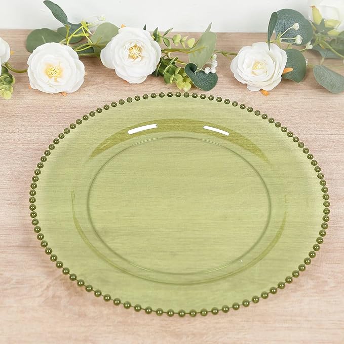 10" Dinner Plates - Set of 30 - Plastic Transparent Dusty Sage Green Round Disposable Plate Beaded Rim, Ideal for Decoration Party Wedding Bulk Events