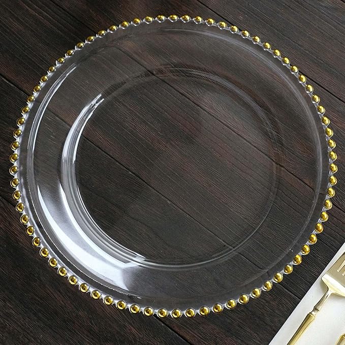 Efavormart 8 Pack | 12" Gold Beaded Round Glass Charger Plates, Event Tabletop Decor