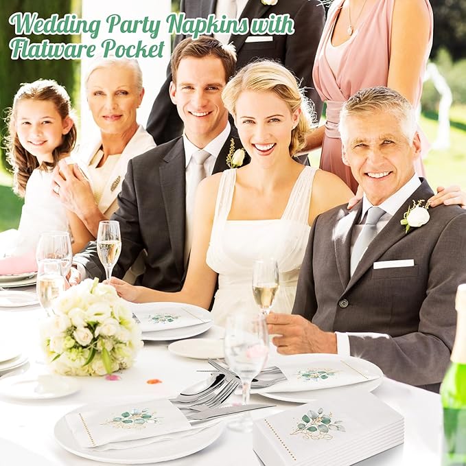 Disposable Linen-Feel Dinner Napkins with Built-in Flatware Pocket, 50 Pack Prefolded Paper Napkins for Silverware Elegant Guest Hand Towels for Wedding Birthday Valentine Party