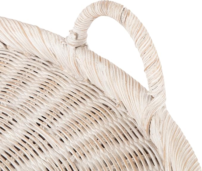Kate and Laurel Cormont Modern Round Woven Rattan Tray with Handles; 23 Inch Diameter; Whitewash Rattan; Decorative Circle Boho Tray for Use as Versatile Ottoman Tray or Serving Platter