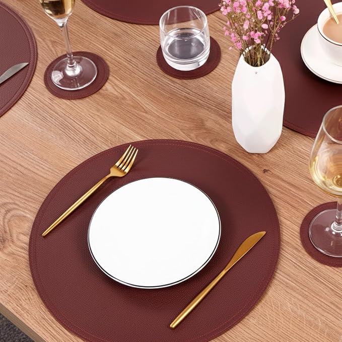 Faux Leather Round Placemats and Coasters, Coffee Mats Kitchen Table Mats, Waterproof, Easy to Clean for Round Table, Dining Table
