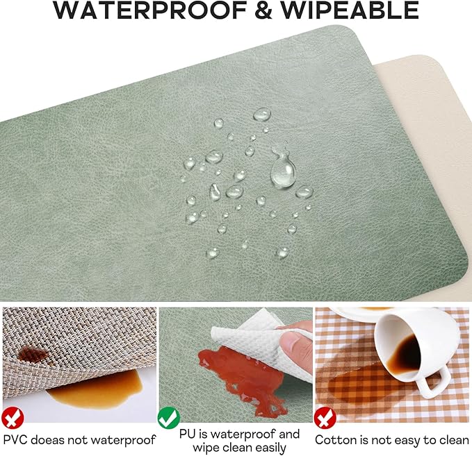 Faux Leather Placemats Set of 6 Table Mats Heat Resistant Reversible Place Mats, Waterproof Wipeable Dining Table Placemats for Home Party Outdoor, 16.9 x 11.8 Inch (Sage Green/White)