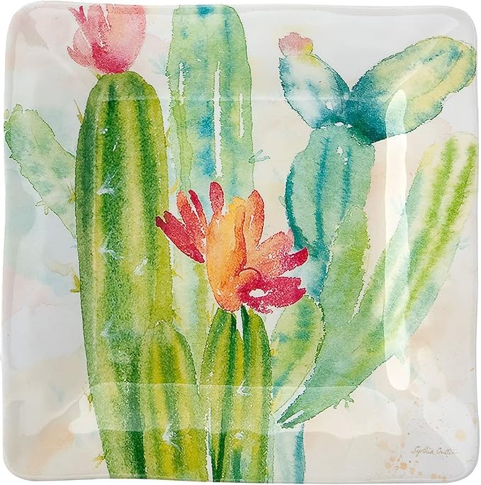 UP UPware Cactus Melamine Square Dessert Plates, Small Serving Plates, for Appetizer, Snacks, and Side Dishes, Multicolor, 6 Inch, Set of 4