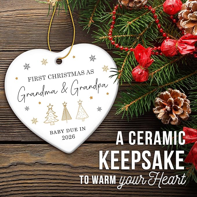 ZAGKOO First Christmas as Grandma and Grandpa Ornament 2025 - Baby Due in 2026 Ornament - New Grandparents Promoted to Grandparents Pregnancy Announcement Ceramic Heart Ornaments