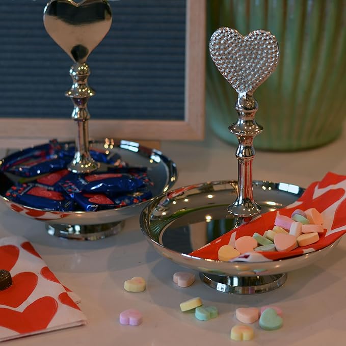 Heart Handle Serving Trays, Set of 2, Single Tier, Handmade, Gleaming Silver Metal, Circular, Pedestal Base, Aluminum, 8.25 Inches