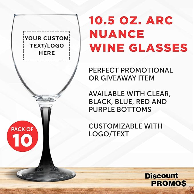 Custom Nuance Wine Glasses by ARC 10.5 oz. Set of 10, Personalized Bulk Pack - Restaurant Glassware, Perfect for Red Wine, White Wine, Cocktails - Black
