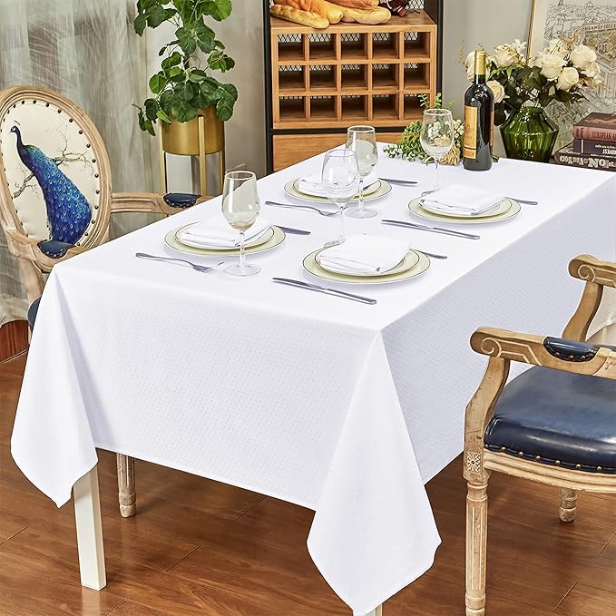 Rectangle Table Cloth Linen Farmhouse Stainproof Waterproof Washable Polyester Oblong Rectangular Fabric Table Cover for Kitchen Dining Dinner (White, 60 X 120 Inch)