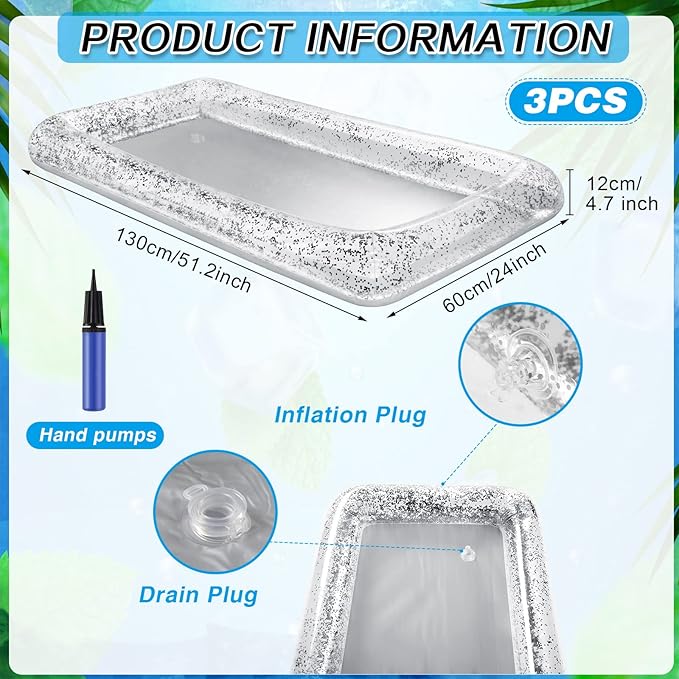 3 Pcs Inflatable Serving Bar Salad Ice Tray Food Drink Candy Buffet Containers Picnic Pool Inflatable Cooler with a Drain Plug and a Hand Pump, 53 x 23.6 x 4.7 Inch(Silver)