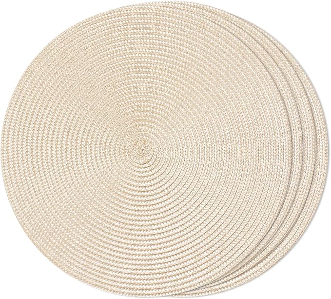 FunWheat Round Braided Placemats Set of 4 Table Mats for Dining Tables Woven Washable Non-Slip Place mats 15inch (Beige, 4pcs)