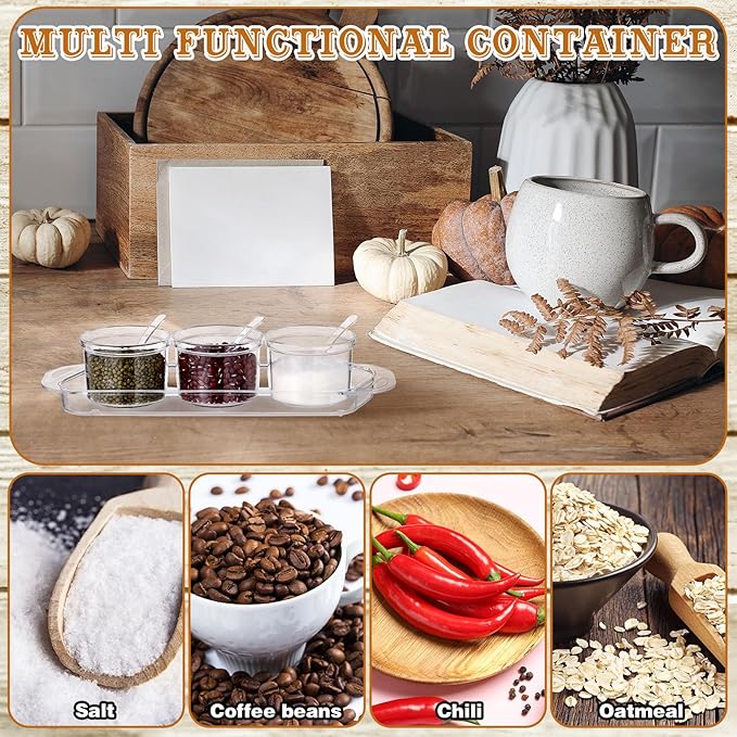 3 Pcs Clear Acrylic Sugar Container with Lid and Spoon 7 oz Seasoning Sugar Jar Salt Spice Canister Condiments Pot with Label Stickers for Home Coffee Bar Restaurant Kitchen