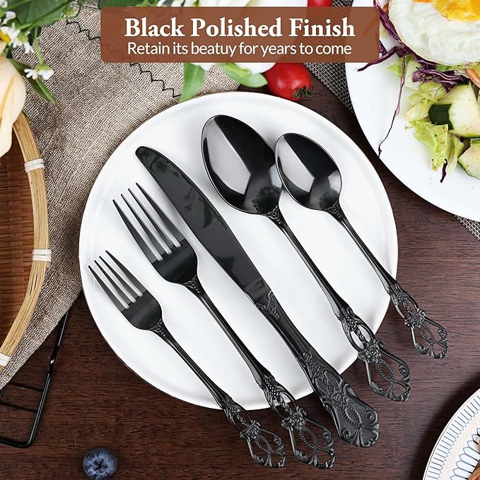Black Silverware Set, 30 Pieces Retro Royal Silverware Set for 6, Gothic Decor Stainless Steel Flatware Set Including Fork Spoon and Knife, Dishwasher Safe, Black
