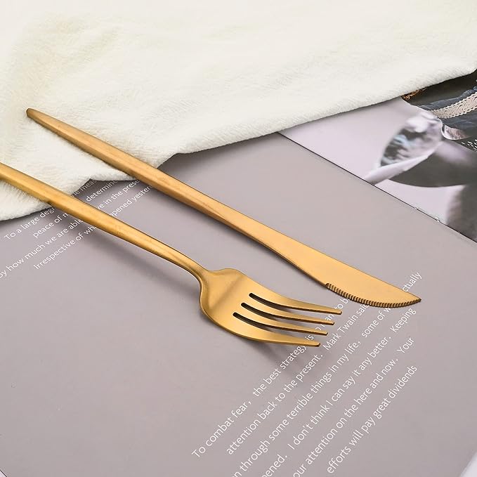 Flatware Set 18/10 Stainless Steel Matte Gold - Kitchen Utensil Serving Set of Dinner Fork Knife Spoons Salad Fork Dessert Spoon,5 Piece Set of 1, for Home Kitchen Restaurant Hotel
