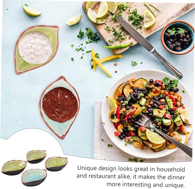 4Pcs Leaf Shape Ceramic Appetizer Plates Random Pattern Snack Dipping Bowls Versatile Serving Dishes for Fruits Nuts and Condiments for Restaurants and Home Use