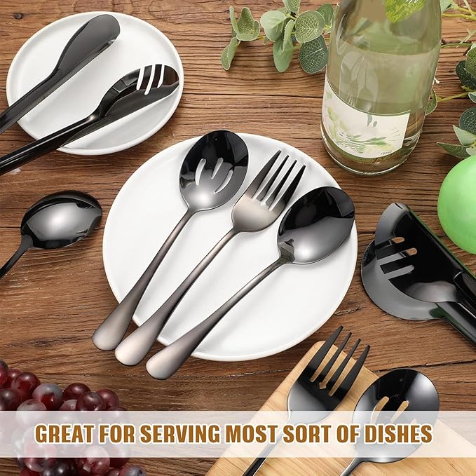 Patelai 15 Pcs Black Stainless Steel Serving Utensils Set 8.7" Large Spoons and Slotted Spoon 9.45" Tong 9" Forks Flatware Wedding Valentine's Day Holiday Party Buffet Banquet Cooking Kitchen Catering