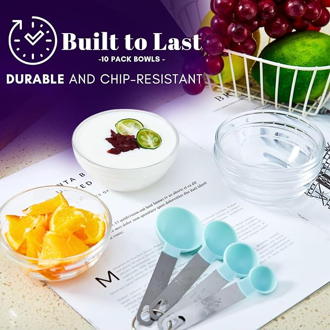 14pc Set of Small Glass Bowls, Microwave Safe, 4-ounce, Durable Prep Bowls Stackable - Glass Ramekins (Set Includes: 4 Measurement Spoons)