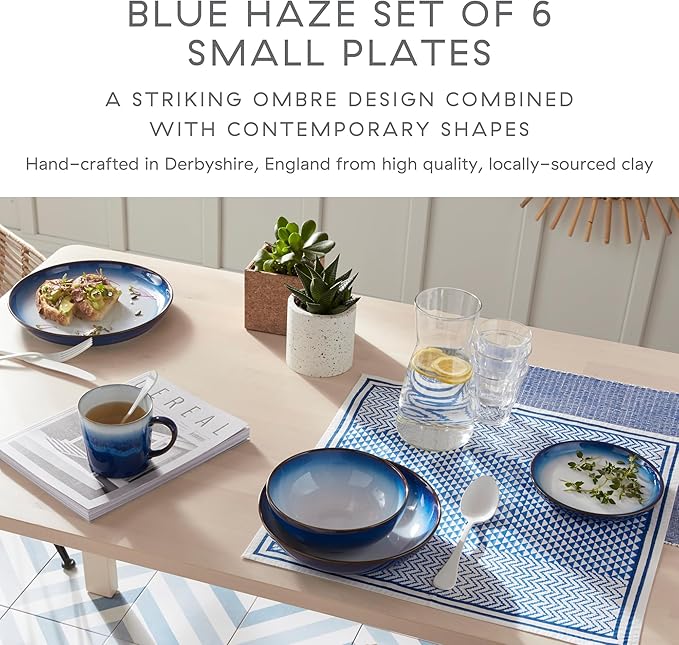 Denby - Blue Haze Coupe Small Plates Set of 6 - Dishwasher Microwave Oven Safe - Scratch Chip Resistant - Appetizer Ceramic Stoneware Dinnerware Plates Set