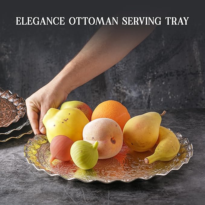 Coffee Tea Beverage Serving Tray, Vintage and Fancy Round Design (Bright Silver)