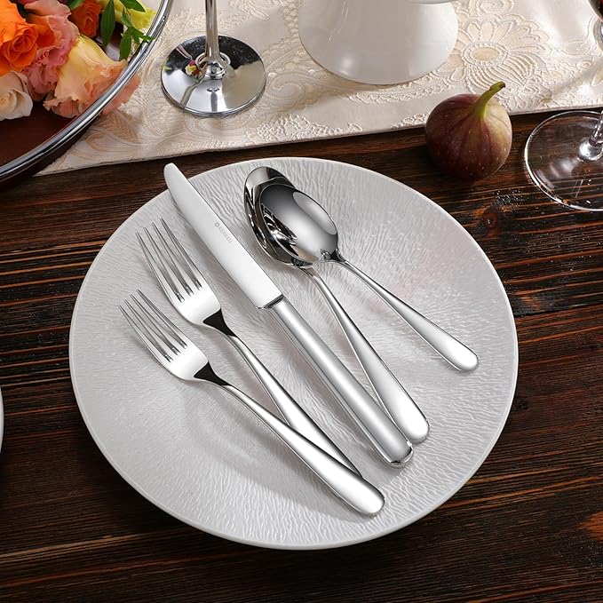 KEAWELL Premium 65-Piece Louise Silverware Set, 18/10 Stainless Steel, Service for 12, Fine Flatware Set, Smooth and Exceptional mirror finish, Dishwasher Safe (65)