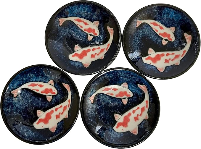 Japanese Mino Ware Ceramic Petite Plate Set, Nishikigoi carp Pattern, 3.54 x 0.59 Inches For Appetizer, Dessert, Sushi sauce, Set of 4