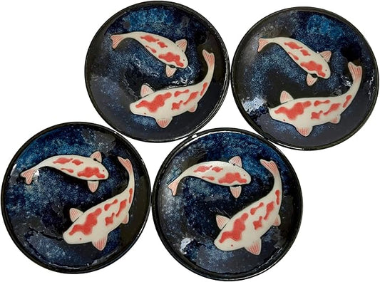 Japanese Mino Ware Ceramic Petite Plate Set, Nishikigoi carp Pattern, 3.54 x 0.59 Inches For Appetizer, Dessert, Sushi sauce, Set of 4
