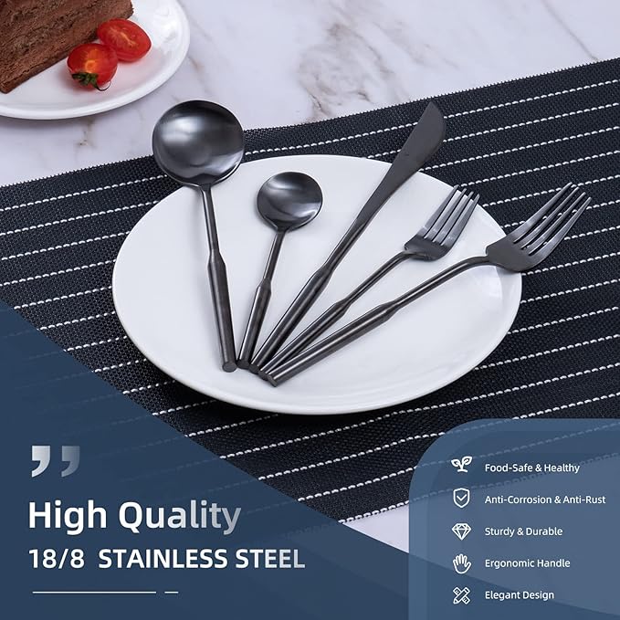 Matte Silverware Eating Utensils Set, 20-Piece Stainless Steel Flatware Set, Kitchen Utensil Set Service for 4, Durable Home Kitchen Silverware,Luxury Cutlery Set. (Black, 20)