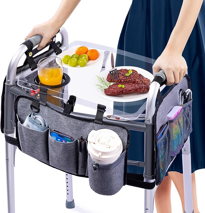 BAGSFY Clear View Walker Tray with Cup Holder & Front, Side Pockets, Transparent Folding Walker Table for Seniors, 8.8lbs Load-Bearing Sturdy PP Tray, Universal Fit Walker Accessory for Elderly