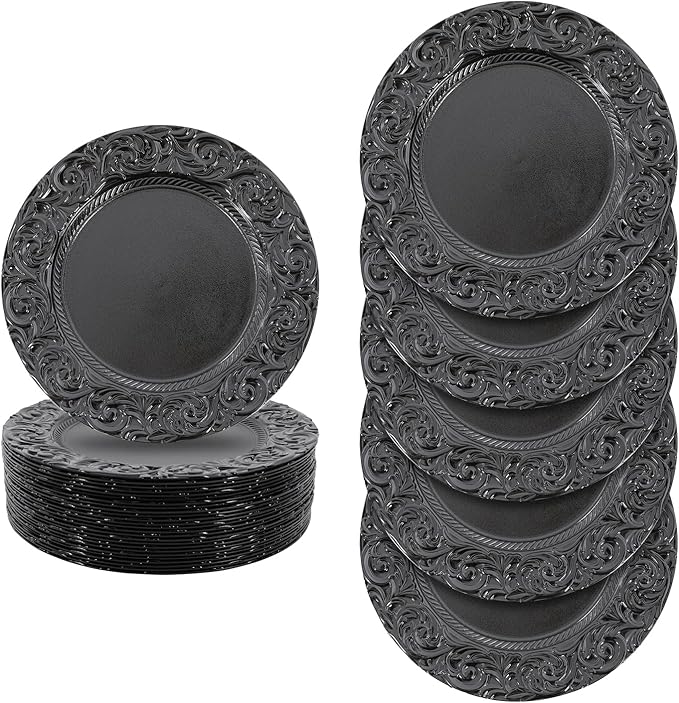 50 Pcs Antique Charger Plates Bulk Round Plastic Dinner Plate Embossed Rim Server Plate Decorative Chargers Floral Plates for Dinner Parties Wedding,13 Inch (balck-50pcs)